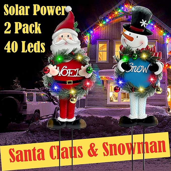 Solar Christmas Yard Decorations Outdoor - 2 Pack Metal Xmas Yard Signs 30” Snowman Santa Claus Lighted Garden Stakes with Colorful Lights for Garden Pathway Holiday Winter Lawn