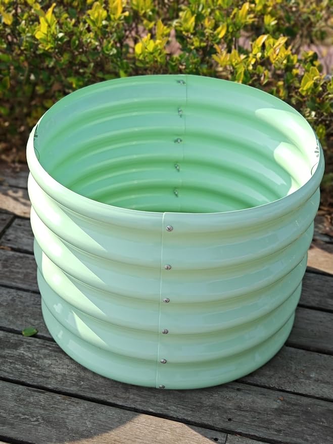 A ANLEOLIFE Kids Mini Raised Garden Beds Outdoor (4-Pack)-24x24x18in Round Galvanized Metal Planter Box for Planting Vegetables, Flowers, Fruits, Eco-Safe & Easy Setup, Mint Green