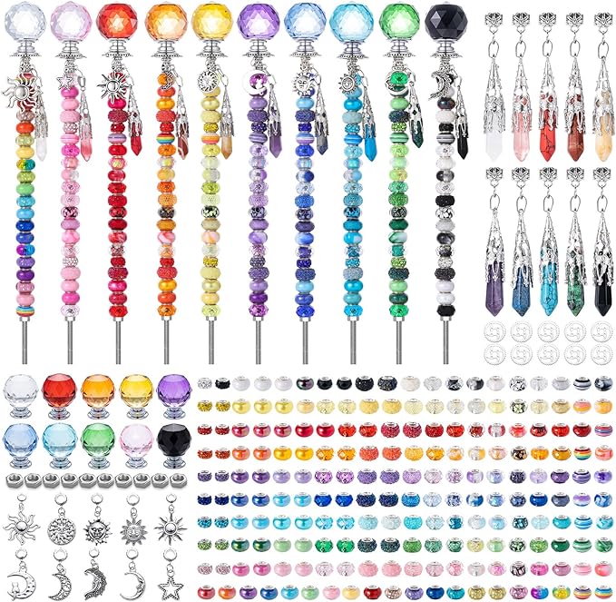 260 Pcs DIY Beaded Garden Stakes, Fairy Wand 10-Pack Garden Decorative Kit with Healing Crystal Pendant, 12in Threaded Rods, Crystal Diamond Tops, for Spring Garden Outdoor&Indoor Decorations