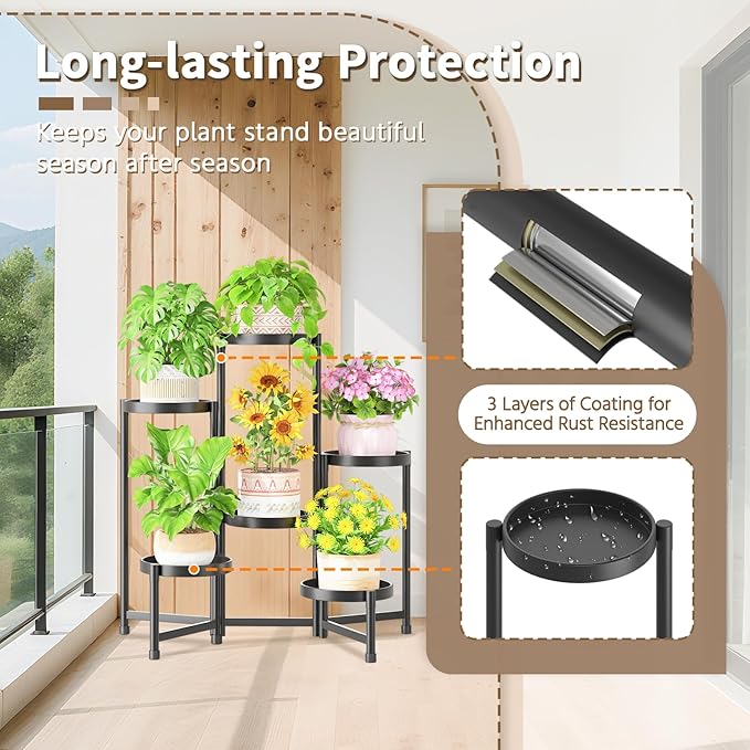 LASZOLA 6 Tiered Folding Tall Plant Stand Indoor for Multiple Large Planter, Heavy Duty Metal Adjustable Flower Rack for Narrow Corner, Sturdy Vertical Spiral Shelving Holder for Modern House, Black