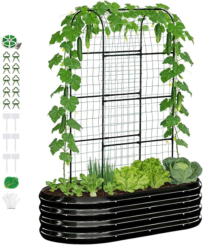 DoCred 2 in 1 Galvanized Raised Garden Bed, 1Pcs Garden Planter Box with 71" H Trellis for Climbing Plants, Outdoor Gardening Raised Beds with Climbing Net for Fruits, Vegetables, Flower (Black)