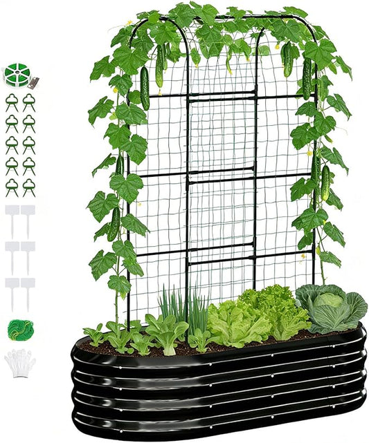 DoCred 2 in 1 Galvanized Raised Garden Bed, 1Pcs Garden Planter Box with 71" H Trellis for Climbing Plants, Outdoor Gardening Raised Beds with Climbing Net for Fruits, Vegetables, Flower (Black)