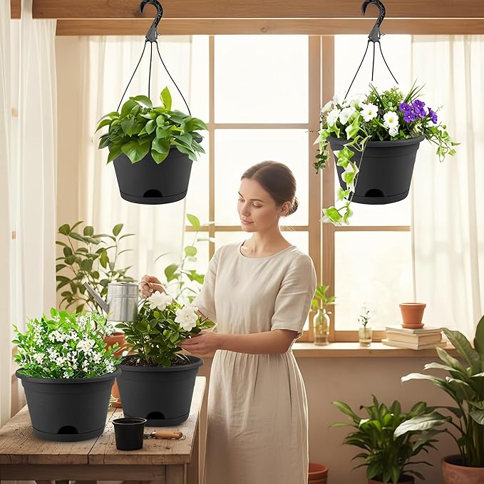 4 Pack Hanging Planters, 10 Inch Hanging Plant Pot with Hanger Chain & Drainage Trays, Hanging Baskets for Plants Outdoor Indoor, Flowers Pots for Home, Garden, Porch Decor (Black)