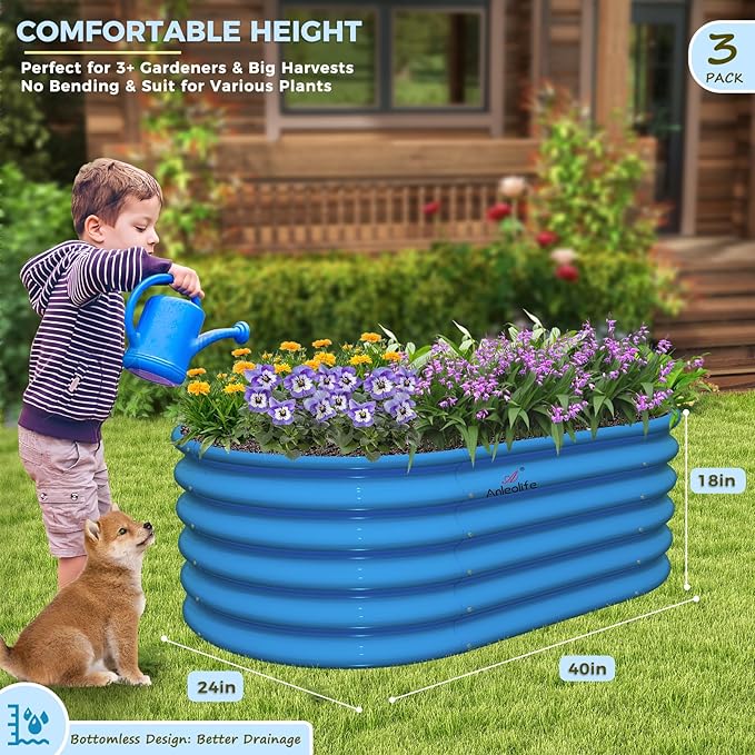 A ANLEOLIFE Kids Mini Raised Garden Beds Outdoor (3-Pack)-40x24x18in Oval Round Galvanized Metal Planter Box for Planting Vegetables, Flowers, Fruits, Eco-Safe & Easy Setup, Sky Blue