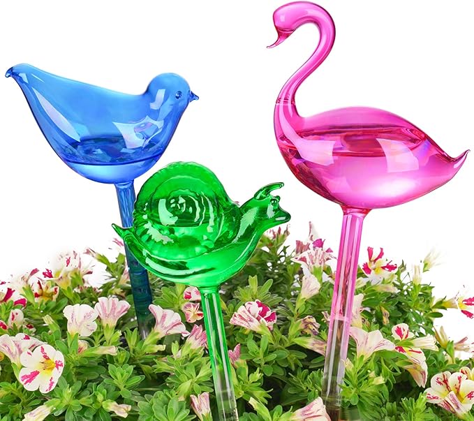 NiHome Spike Self-Watering Bulb 3PCS 10" Iridescent Pearl Hand-Blown Glass Globe Pot Plant Waterer Home Indoor Outdoor Garden Patio Hanging Flower Automatic Irrigation System (Swan, Snail & Bird)