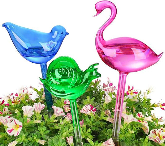 NiHome Spike Self-Watering Bulb 3PCS 10" Iridescent Pearl Hand-Blown Glass Globe Pot Plant Waterer Home Indoor Outdoor Garden Patio Hanging Flower Automatic Irrigation System (Swan, Snail & Bird)