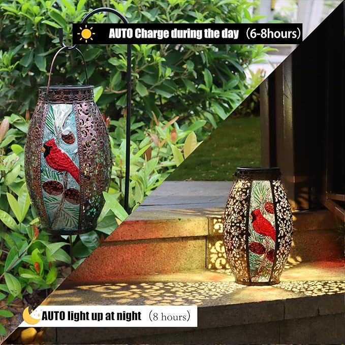 Solar Lanterns Outdoor Hanging Light Cardinal LED Glass Light Waterproof Hollowed-Out Metal Decor Garden,Yard,Patio,Gifts,Table,Pathway,Holiday for Women Mom