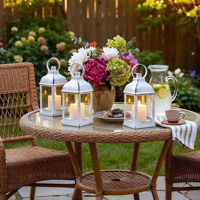 Yongmao White Vintage Lantern Decorative LED Flickering Flameless Candle with Timer, Battery Powered LED Decorative Hanging Lanterns for Indoor Outdoor Wedding Garden Yard Home Decor(4 Pack)