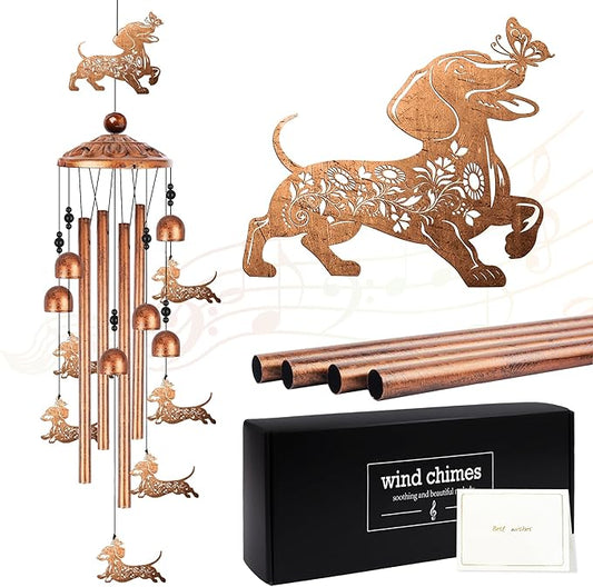 Dachshund Wind Chimes for Outside, Wiener Dog Gifts for Women Men Metal Windchimes Outdoors, Floral Butterfly Dog Design Home Garden Patio Yard Decor