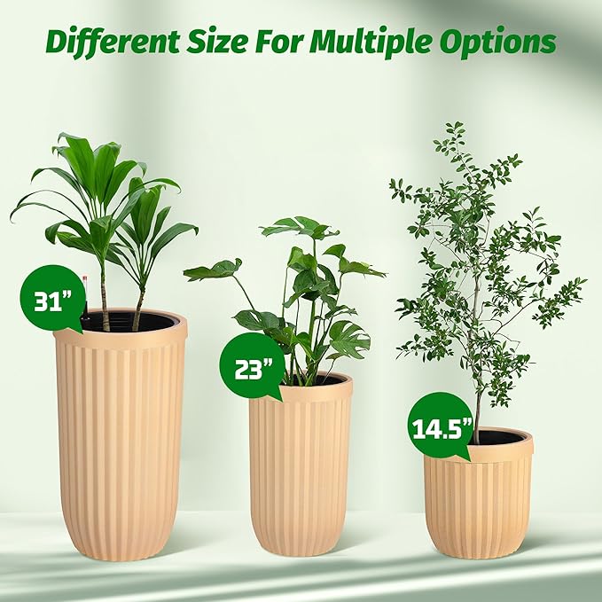 31" Tall Planters, Large Indoor & Outdoor Self-Watering Flower Pots with Drainage, Water Level Monitor & Wheels, Planters for Patio, Porch, Living Room, Home Office