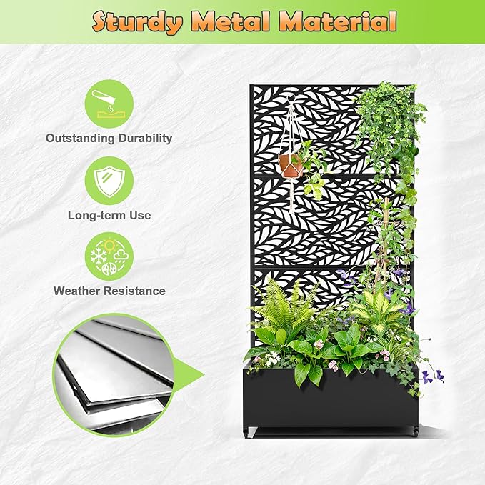 Metal Raised Garden Bed with Trellis, 2-in-1 Planter Box & Privacy Screen for Climbing Plants, Outdoor Standing Flower Bed with Drainage Holes, 35.4" L x 15.7" W x 70.1" H, Black-Spring