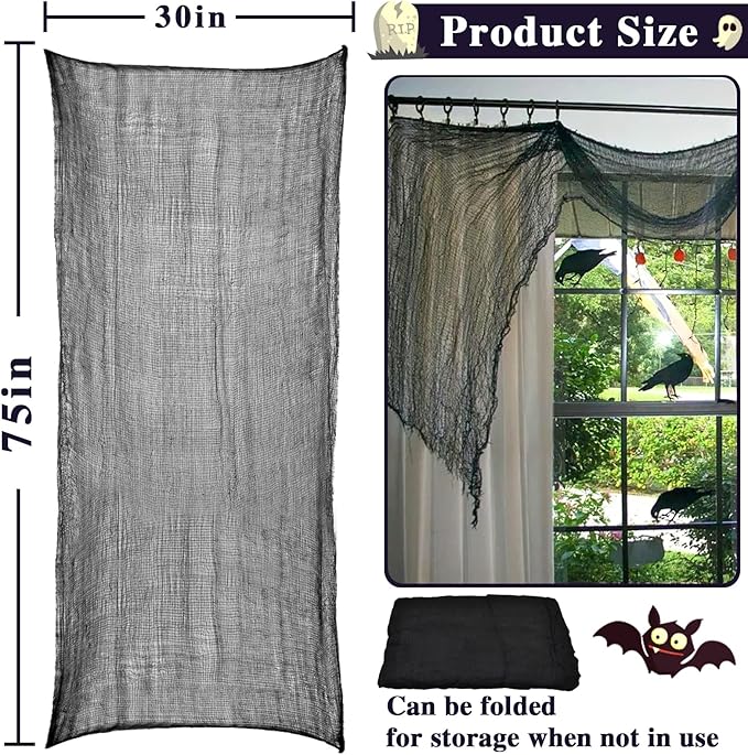 ZeeDix 6 Pack Black Halloween Creepy Cloth 30X75 Inch - Halloween Cheesecloth Decoration Spooky Scary Gauze Black Cheese Cloth for Party Supplies Outdoor Yard Home Wall Doorway