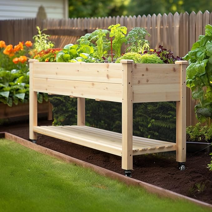 BlueWish 48" W x 24" D x 33" H Planter Boxes Outdoor, Cedar Garden Bed with Detachable Black Liner, Drainage Holes, Storage Shelf, Raised Beds for Gardening, Vegetable, Flower