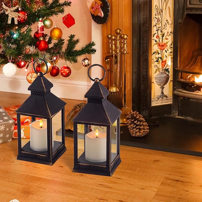 Yongmao Vintage Golden Brushed Black Lantern Decorative LED Flickering Flameless Candle with Timer, Battery Powered LED Decorative Hanging Lanterns for Indoor Outdoor Garden Yard Home Decor(4 Pack)