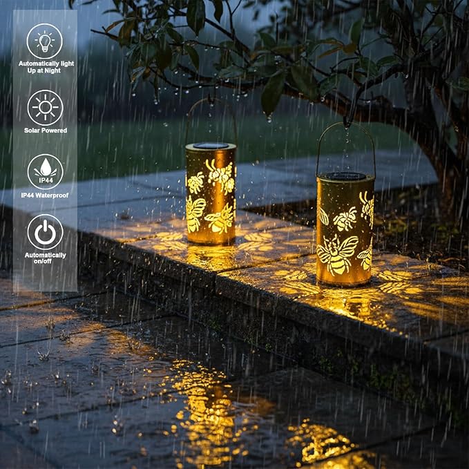 12.8" Large Size 2-Pack Outdoor Solar Lanterns Waterproof Metal Bee Patterns Garden Decor Gifts for Women Mom Grandma Hanging Solar Lanterns for Outside Yard, Patio, Backyard, Porch