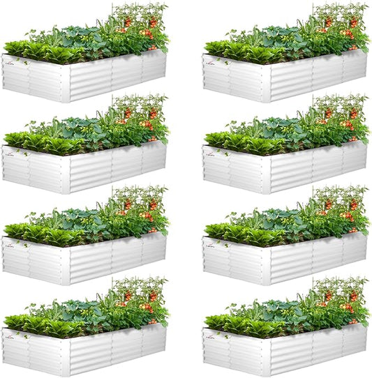 A ANLEOLIFE 8 Pcs 8X4X1.5 ft Rectangular Galvanized Raised Garden Beds Outdoor for Planting Vegetables Flowers Herb, Antique White