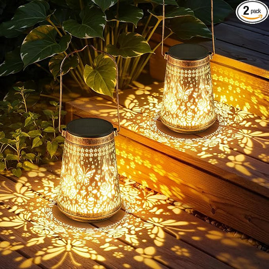 2 Pack Solar Lanterns Outdoor Waterproof Birthday Gifts for Women Mom Grandma, Hollowed-Out Metal Butterfly Hanging Solar Lantern Lights Outdoor Decor, 2 Modes Lights Decor for Yard, Patio