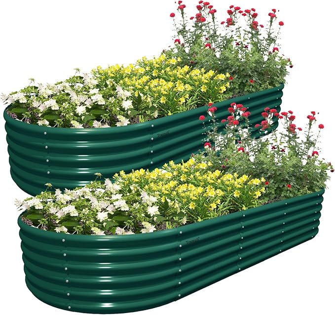 2 Packs 8x3x1.5FT Galvanized Raised Garden Bed Kit Oval Metal Ground Planter Box Outdoor Bottomless Planter Raised Beds for Vegetables Flowers Herbs Fruits, Green