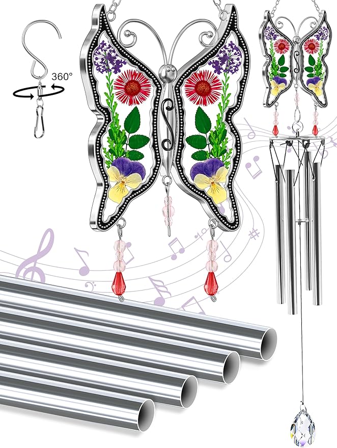 KY&BOSAM Big Butterfly Wind Chime with Crystal Sympathy Wind Spinner Memorial Wind Chime for Loss of Loved One Prime Bereavement Sympathy Memorial Gift for Loss of Mother Father Gift Home Garden Decor