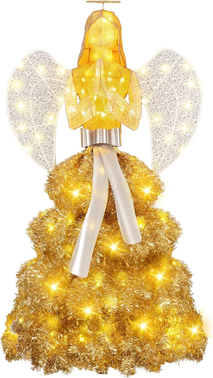 Shintenchi 5FT Lighted Christmas Angel, Outdoor Xmas Decoration with 150 LED Lights, Pre-lit 3D Glittered Angel for Lawn Yard Garden with Ground Stakes and Zip Ties, Warm Golden Color