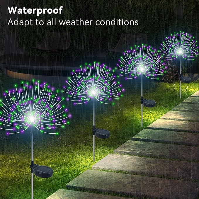 Solar Garden Lights Outdoor Waterproof, 2 Pack 120 LED Solar Firework Lights Decorative Garden Décor Outside for Flowerbed Pathway Party Halloween Christmas Decorations, Green + Purple
