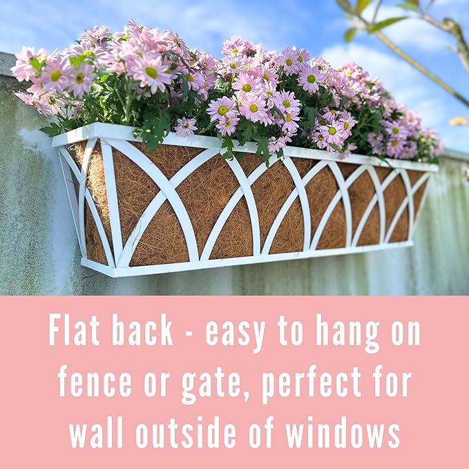 LaLaGreen Wall Planter (30 Inch, 2 Pack)White Metal Rectangular Hanging Flower Box Window Boxes Planters with Coco Liner, Flower Basket Plant Holder Deck Rail Railing Patio Horse Trough Balcony Fence