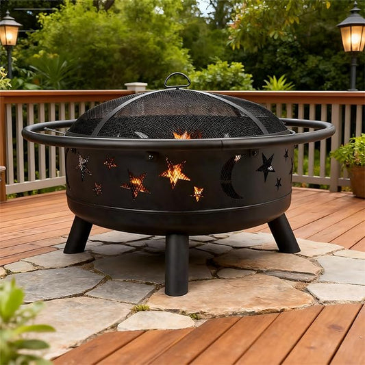 Grovelli 38" Round Wood Burning Fire Pit with Mesh Cover, Fire Poker, Star & Moon Cutouts, Metal Outdoor Firepit for Patio, Backyard, Garden, Bonfire, Camping, Christmas, Thanksgiving, Halloween
