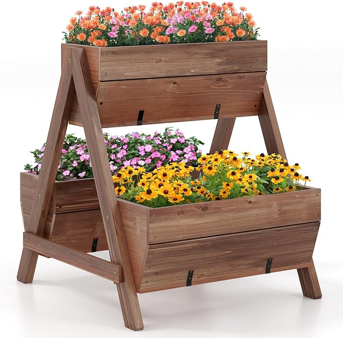 S AFSTAR 21-Inch Vertical Raised Garden Bed, 3 Tiered Wooden Planter Boxes 26" L x 29" W x 29" H, Drainage Holes, Indoor Outdoor Flowerbed, Freestanding Elevated Planter Box for Garden Flower Veggies