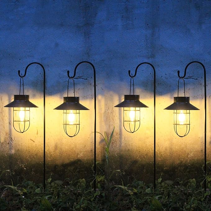 Solar Lanterns Outdoor Waterproof,4pack Hanging Solar Lights Lantern Lamp with Shepherd Hook, Metal Waterproof Edison Bulb Lights for Garden Outdoor Pathway