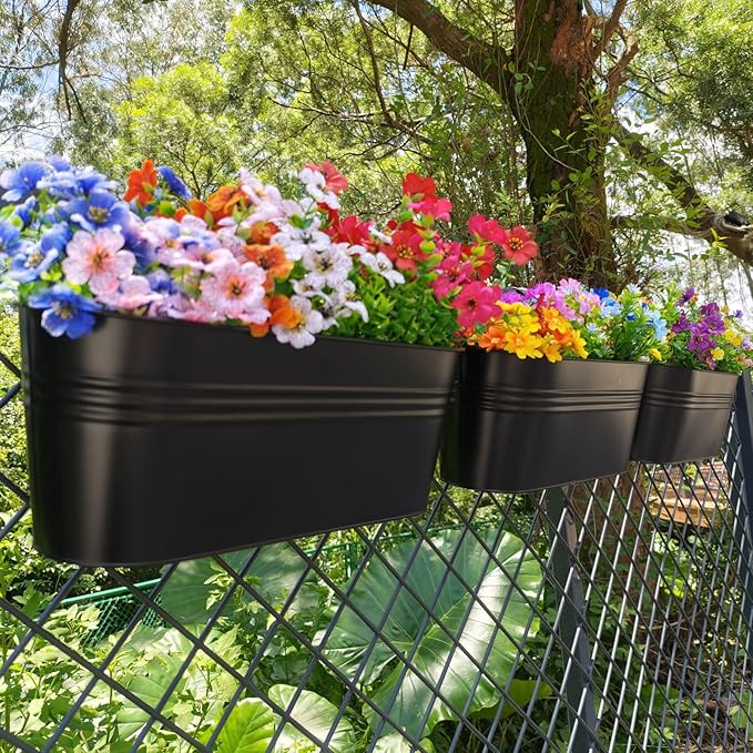 3 Pcs Large Balcony Planters Railing Hanging Flower Pots- 16.2 Inch Metal Railing Planter Box Fence Planters for Outdoor Plants with Detachable Hooks and Drain Holes for Garden Decor (Black-16.2inch)