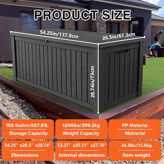 180GAL Deck Box-Black ，Patio Storage，Outdoor Chest，Large Waterproof，Cushion Furniture