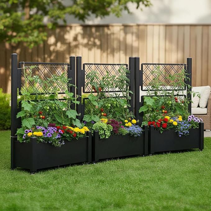 Metal Raised Garden Bed with Trellis, 50Hx38Wx14D Inch Compact Planter Box for Climbing Plants, Patio Balcony Garden, Privacy Screen with Wheels and Drainage Holes, Black