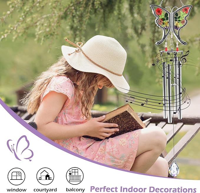 KY&BOSAM Butterfly Wind Chime with Crystal Sympathy Wind Spinner Memorial Wind Chimes for Loss of Loved One Prime Bereavement Sympathy Memorial Gift for Loss of Mother Father Condolence Remembrance