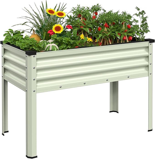 MUPATER 48" L x 24" W x 32" H Galvanized Steel Raised Garden Bed, 507lbs Capacity Large Metal Elevated Raised Planter Box with Legs & Detachable Black Liner for Patio, Balcony, Beige
