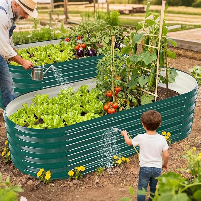 YSEJOMP 17" Tall Outdoor Garden Raised Garden Bed Kits,5ft X 2ft Oval,0.8MM Thick Metal Raised Planter Bed/Ground Planter Box for Variety of Flowers,Herbs,Vegetables (Dark Green, 60X24X16.5 Inches)
