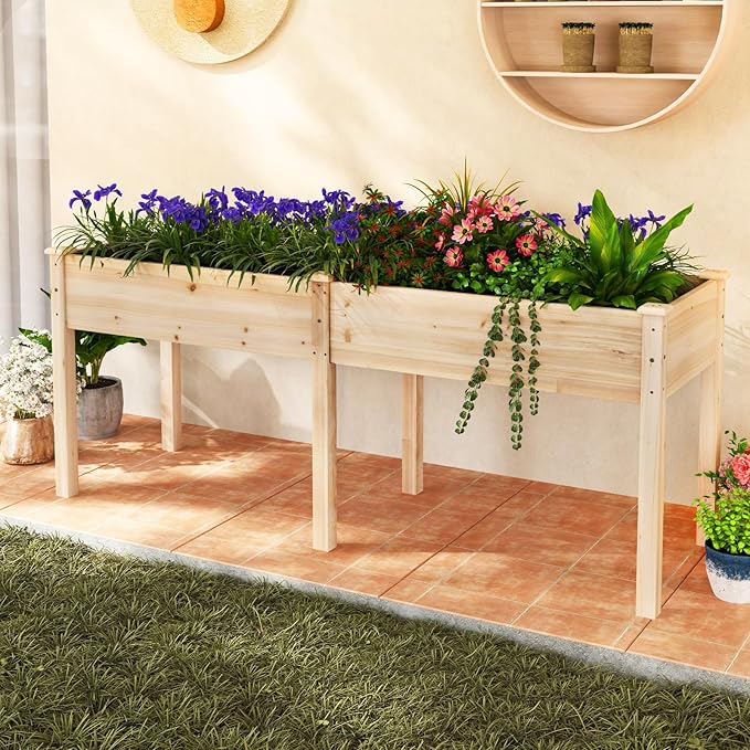 Raised Garden Bed with Legs, Elevated Planter Box with Divider & 8 Drainage Holes, Fir Wood Garden Box for Vegetables, Flowers, Fruits & Herbs (Natural)