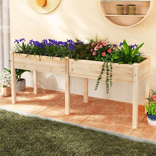 Raised Garden Bed with Legs, Elevated Planter Box with Divider & 8 Drainage Holes, Fir Wood Garden Box for Vegetables, Flowers, Fruits & Herbs (Natural)