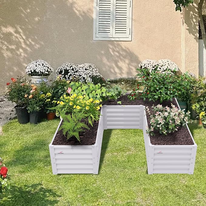 A ANLEOLIFE 3 Set U-Shaped Galvanized Raised Garden Beds Outdoor,6x6x1.5ft Large Metal Planter Box for Planting Vegetables Flowers Herb, Anti-Rust & Easy-Setup, Antique White