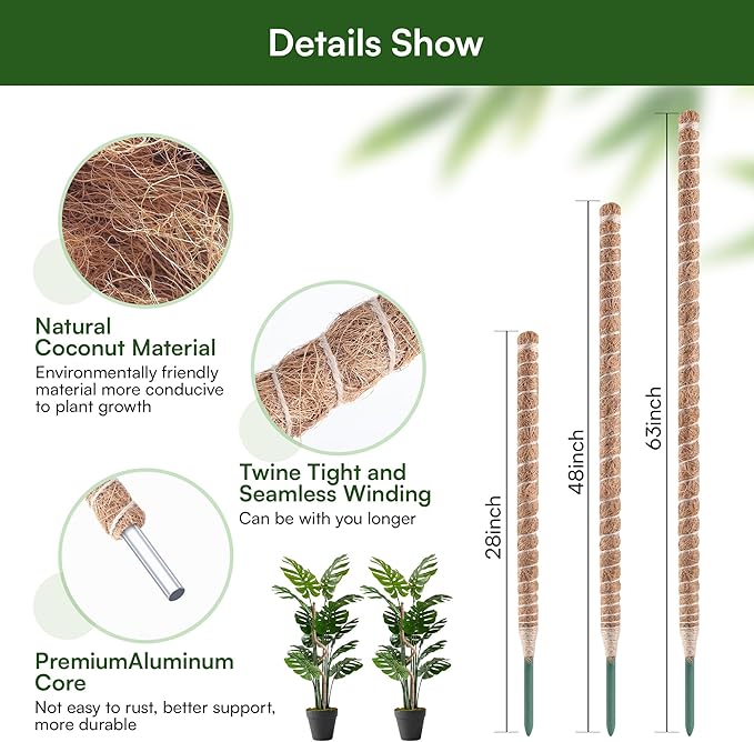 2 Pack 63'' Bendable Moss Pole Monstera Plant Support for Indoor Climbing Plants, Tall Plant Stick Support Stake for Potted Plants, Pothos, Philodendron
