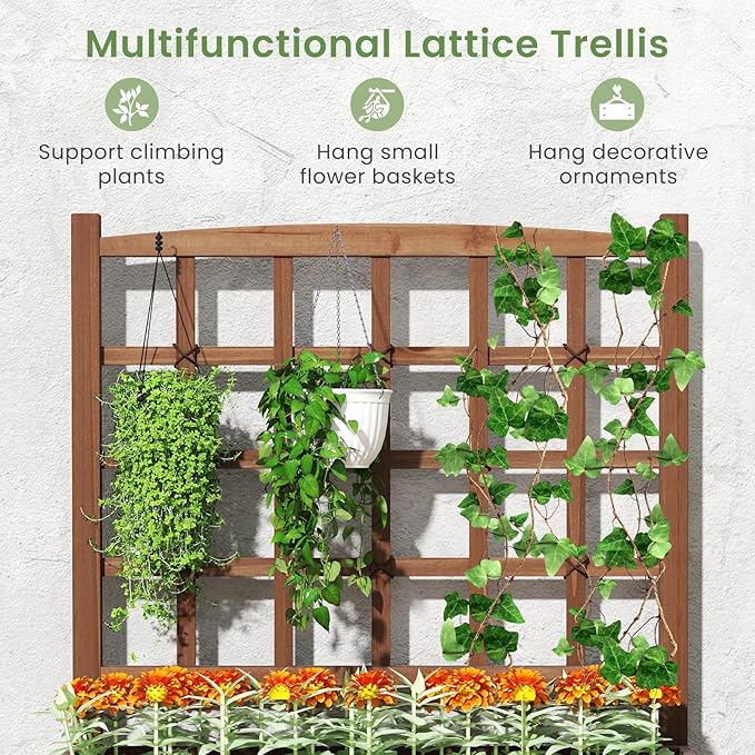 Byroce Outdoor Raised Garden Bed, Garden Planter Box with Lattice Trellis, Legs & Drainage Hole, 2-Tier Standing Elevated Planter for Flower, Fruit, Vegetable & Climbing Plants in Patio, Balcony (2)