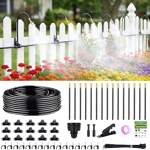 360° Adjustable Drip Irrigation System - 1/4" Tubing, 50FT Garden Watering Atomizing System with 15 Nozzles, Greenhouse Accessories for Yard, Lawn, Plants, Garden