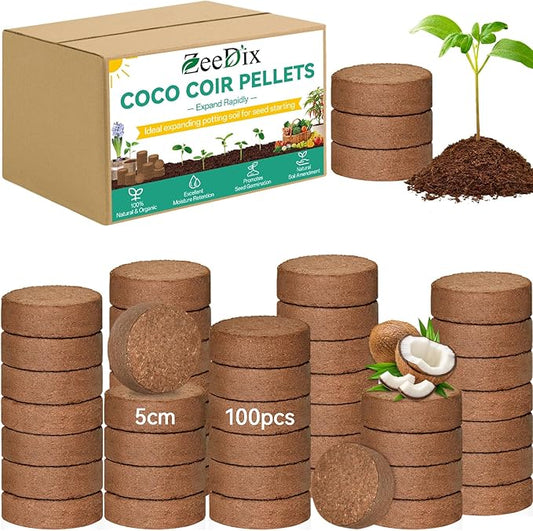 ZeeDix 100pcs(50mm) Coco Coir Pellets Potting Soil Indoor Plants, Compressed Coconut Coir Seed Starting Pellets Soil Discs for Planting Flowers Bonsai Herbs and Vegetables