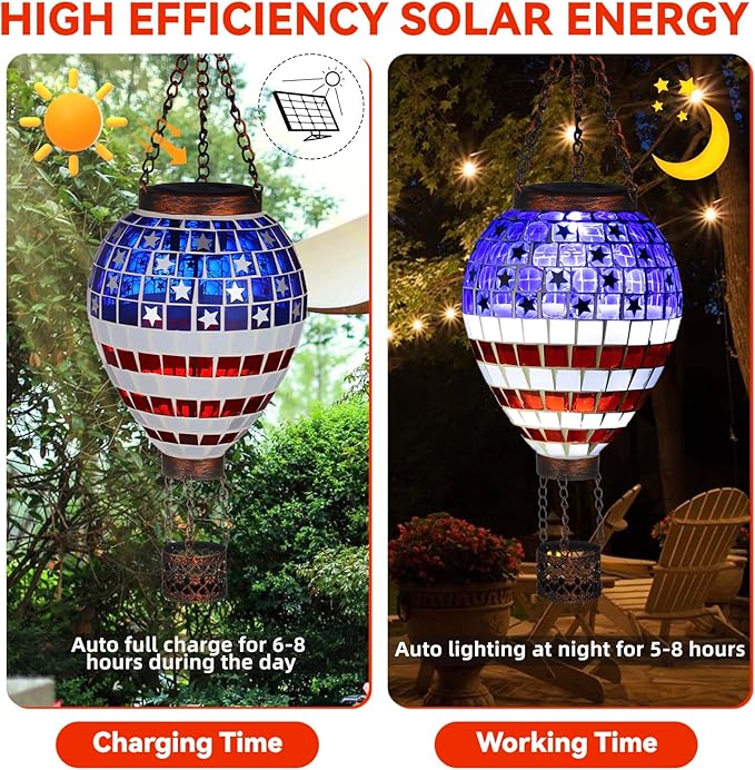 VOREEN American Flag Hot Air Balloon Solar Lantern, Handmade Mosaic Outdoor Hanging Wind Light, IP44 Waterproof, Patio Decorations, Gift for Mom Wife Friend, Patriotic Theme, 4th of July Decor