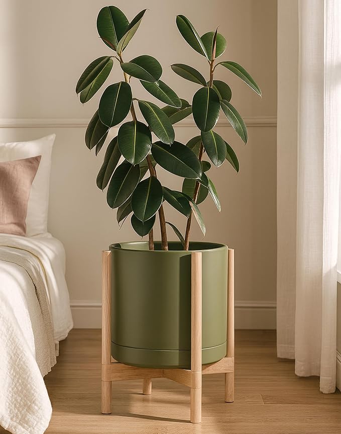 D'vine Dev Ceramic Planter with Natural Stand - 14 Inch Modern Round Flower Pot with Wood Planter Holder, Olive, 55-B-R-J