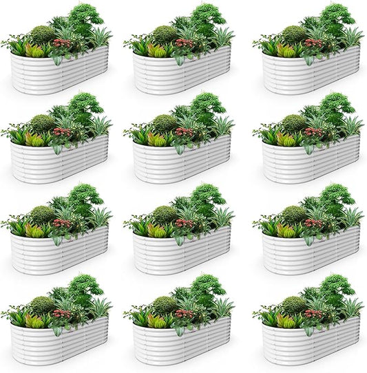 A ANLEOLIFE 12-Set 8X4X2 ft Galvanized Raised Garden Bed Kit, Oval Metal Deep Root Planters for Outdoor Plants, Antique White