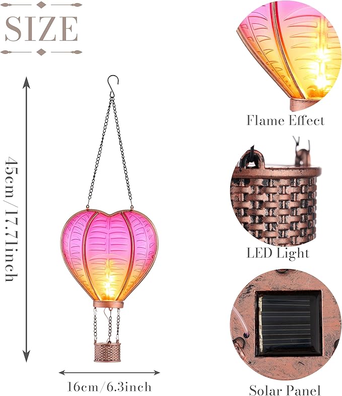 TERESA'S Collections Hot Air Balloon Solar Lantern for Garden , Flickering Flame Hanging Solar Lights,Heart Shape Lantern for Anniversary Wedding Decor