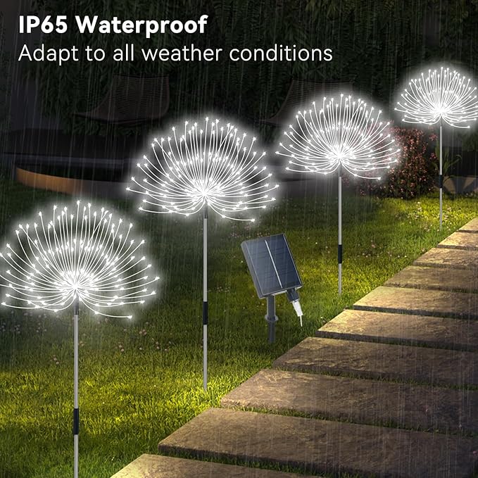 Solar Garden Lights Outdoor Waterproof, 4 Pack Total 480 LED Solar Firework Lights Decorative with 8 Lighting Modes Outside for Yard Pathway Flowerbed Decor, White