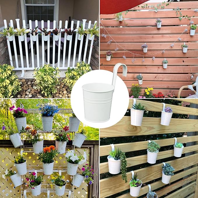 20 Pack 4 Inch Railing Hanging Planter, White Small Hanging Bucket Planters, Metal Hanging Flower Pots, Metal Railing Bucket for Outdoor, Balcony, Fence, and Porch with Detachable Handles