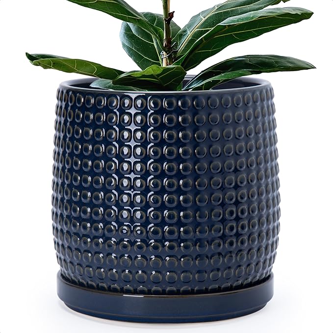 D'vine Dev 10 Inch Ceramic Beaded Stoneware Planter Pot - Flower Pot with Drainage Holes and Saucers for Indoor Succulent Plants or Flowers, Midnight Blue, 27-C-P-3