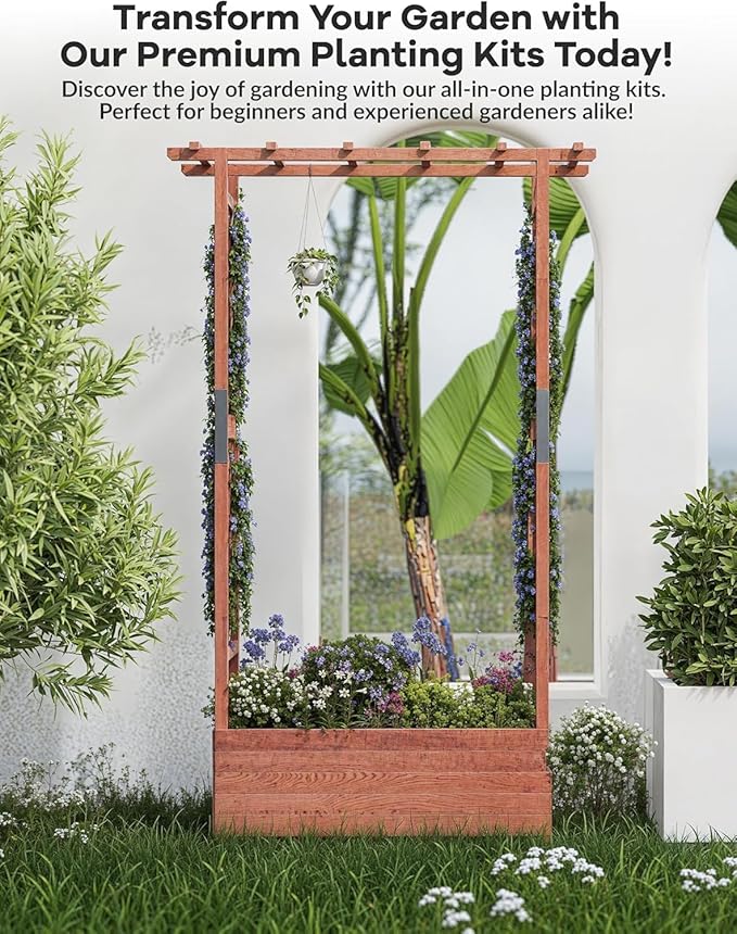 Raised Garden Bed with Trellis and Hanging Roof, Wooden Planter Box with Side Supports and Drainage, Freestanding Elevated Planter for Climbing Plants, Vines, and Flowers, 43x17x72Ft